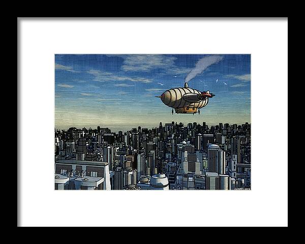 Airship Framed Print featuring the digital art Airship Over Future City by Ken Morris