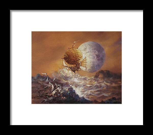Steampunk Airship Framed Print featuring the painting Airship Sea Rescue by Tom Shropshire