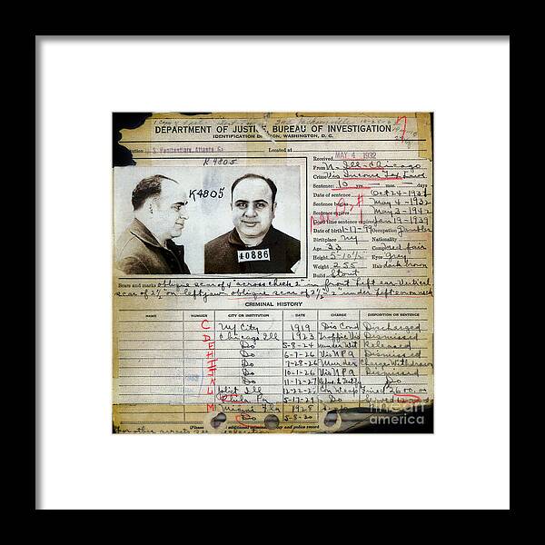 Al Capone Mugshot Framed Print featuring the photograph Al Capone Mugshot and Criminal History by Jon Neidert