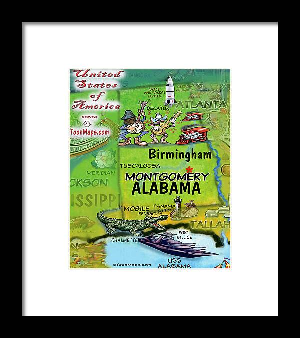 Alabama Framed Print featuring the digital art Alabama Fun Map by Kevin Middleton