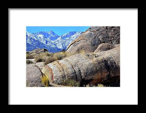 Alabama Hills Framed Print featuring the photograph Alabama Hills Boulders and Mt. Whitney by Ray Mathis