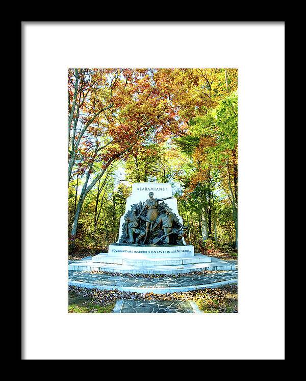 Gettysburg Battlefield Framed Print featuring the photograph Alabama Monument at Gettysburg by Paul W Faust - Impressions of Light