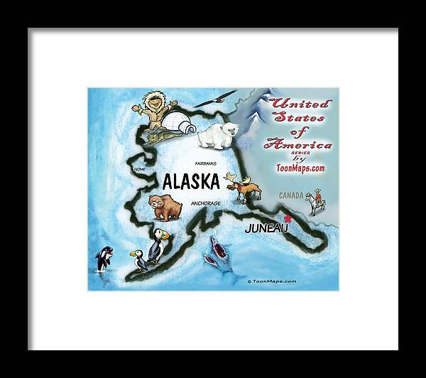 Alaska Framed Print featuring the digital art Alaska Fun Map by Kevin Middleton