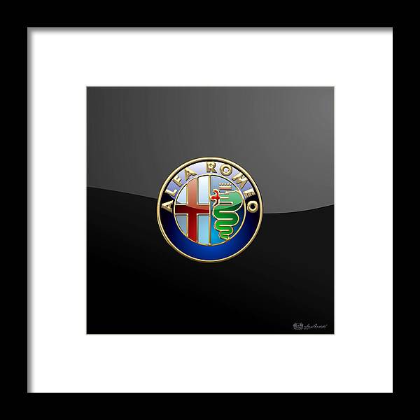 Wheels Of Fortune� Collection By Serge Averbukh Framed Print featuring the photograph Alfa Romeo - 3 D Badge on Black by Serge Averbukh