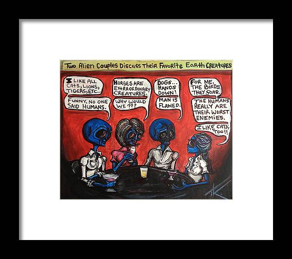 Couples Framed Print featuring the painting Alien couples discuss the Earths creatures over drinks by Similar Alien