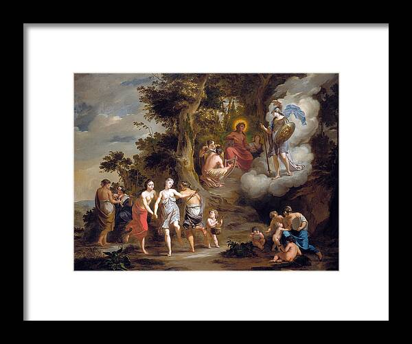 Arnold Houbraken Framed Print featuring the painting Pallas Athene Visiting Apollo on the Parnassus by Arnold Houbraken