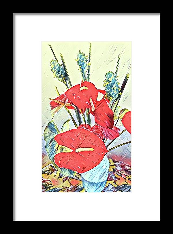 #alohabouquetoftheday #anthuriums #greenginger #blue Framed Print featuring the photograph Aloha Bouquet of the Day - Anthuriums and Green Ginger in Blue by Joalene Young
