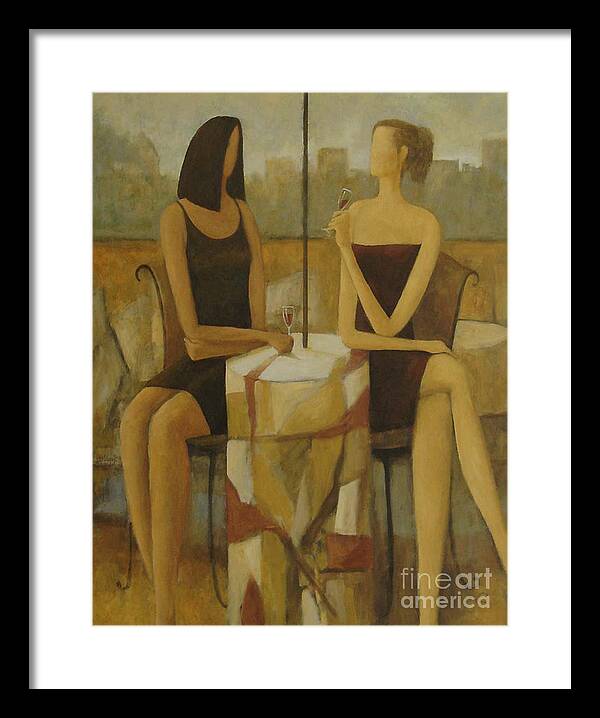 Dreamlike Image Of Two Friends At A Barcelona Street Cafe. Framed Print featuring the painting Along the Avenue by Glenn Quist