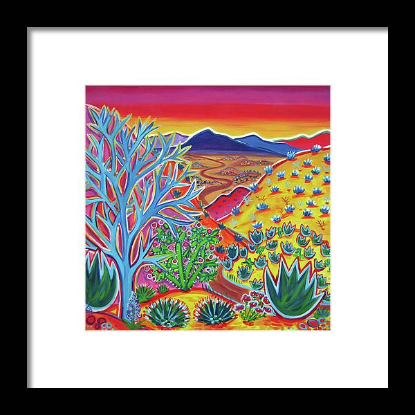 Colorful Landscape Framed Print featuring the painting Along the Road to Madrid by Rachel Houseman