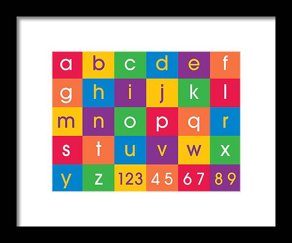 Alphabet And Numbers Canvas Print In Bright Fun Colors. Contemporary Design For Kids And Children's Bedroom Framed Print featuring the digital art Alphabet Colors by Michael Tompsett