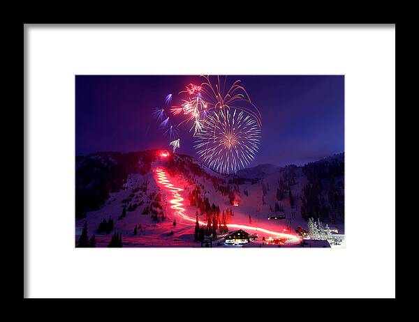 Alta Ski Utah Torchlight Fireworks Celebration Birthday Framed Print featuring the photograph Alta Ski Area 75th Birthday Celebration by Brett Pelletier
