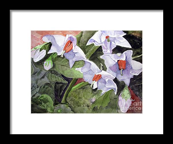 Flower Framed Print featuring the painting Amanda's Blue Potato Flowers by Sandy McIntire