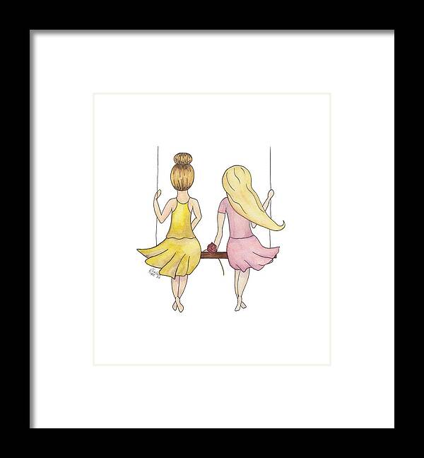 Watercolor Ink Illustration Amelia Lillian Girls Swing Rose Yellow Pink Bun Long Flowing Hair Dirty Blonde Brunette Top Knot Crossed Feet Together Sisters Friends Children Framed Print featuring the painting Amelia and Lillian by Betsy Hackett