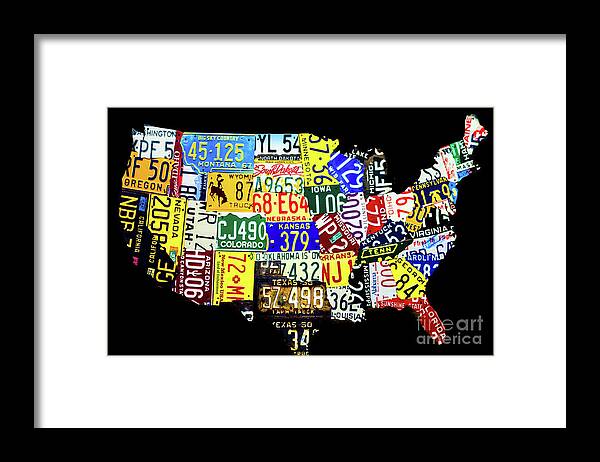 Us License Plate Map Framed Print featuring the photograph United States License Plate Map by M G Whittingham