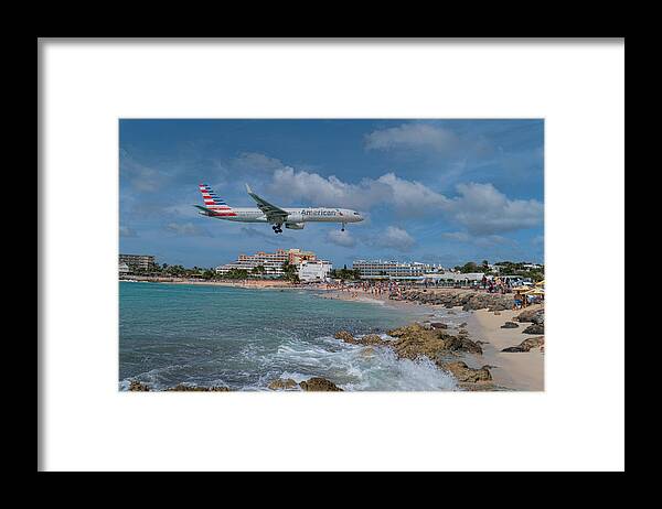 American Airlines Framed Print featuring the photograph American Airlines landing at St. Maarten airport by David Gleeson