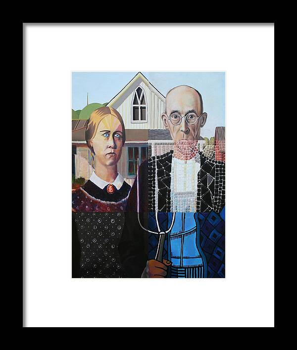 American Gothic Framed Print featuring the painting American Gothic after Grant Wood in Six Styles by Katherine Huck Fernie Howard