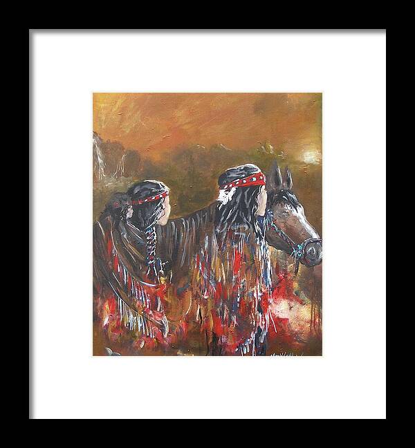 American Indian Family Apache Indians Horse Child Woman Man Walking Brown Sky Mountains Waterfall Wandering Evening Caring Sunset Red Colors Acrylic On Canvas Painting Print Blue Braid Tress Hair Feather American Native Culture Hair Band Baby Framed Print featuring the painting American Indians Family by Miroslaw Chelchowski