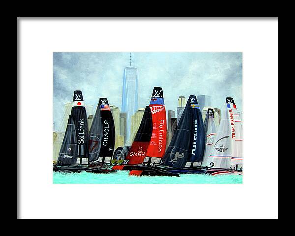 Americas Cup Sailing Race Framed Print featuring the painting America's Cup New York City by Leonardo Ruggieri