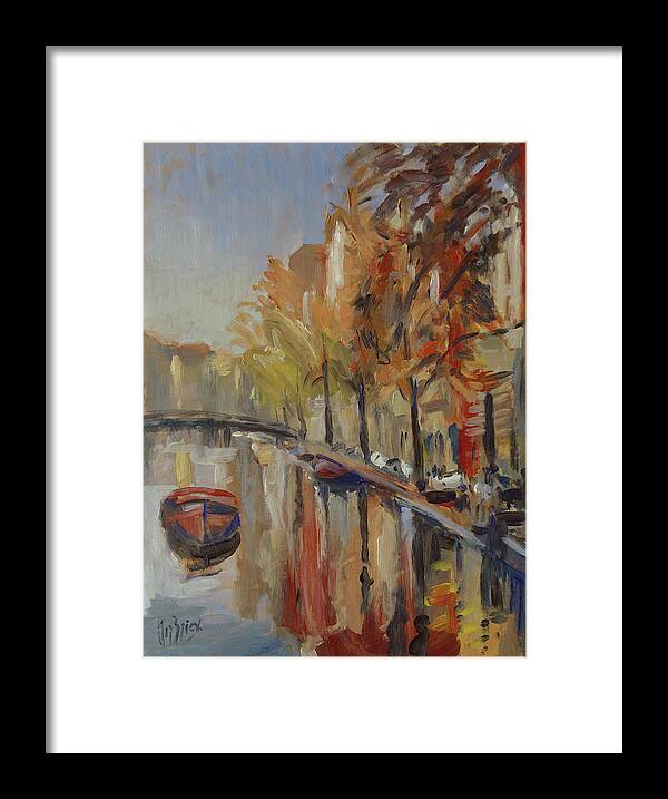 Amsterdam Framed Print featuring the painting Amsterdam Autumn with boat by Nop Briex