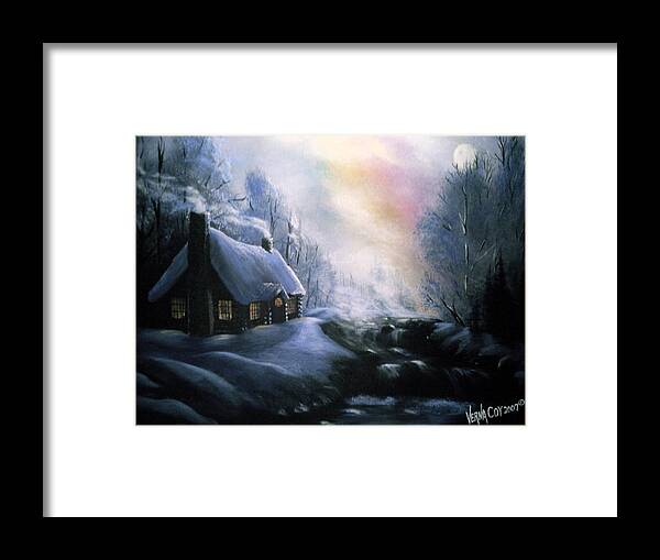 Alaska Alaskan Christmas Winter Cabin Scenery Framed Print featuring the painting An Alaskan Night by Verna Coy