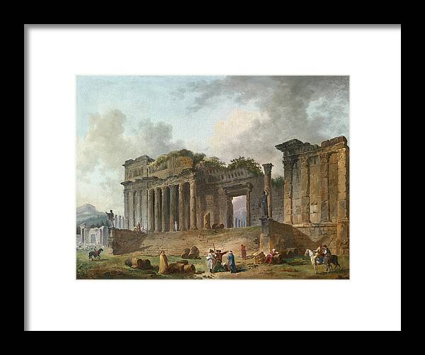 Hubert Robert Framed Print featuring the painting An Architectural Capriccio with an Artist Sketching in the Foreground by Hubert Robert