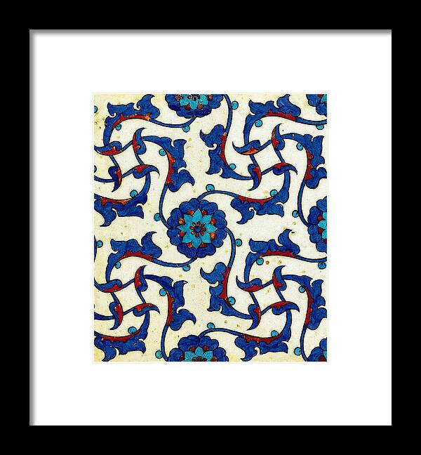 Turkish Framed Print featuring the painting An Iznik Polychrome tile, Turkey, circa 1575, by Adam Asar, No 25b by Celestial Images