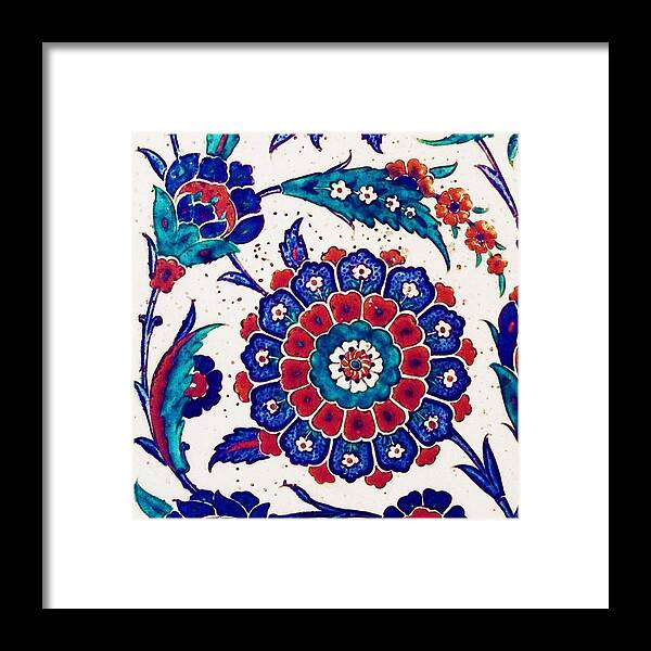Turkish Framed Print featuring the painting An Ottoman Iznik style floral design pottery polychrome, by Adam Asar, No 37 b by Celestial Images