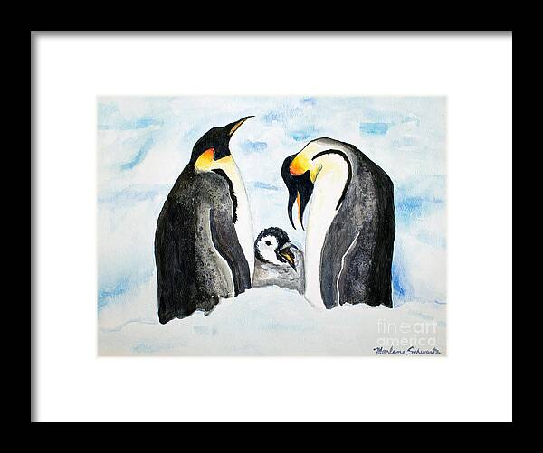 Penguin Framed Print featuring the painting And Baby Makes Three by Marlene Schwartz Massey