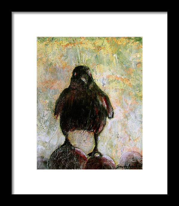 Raven Framed Print featuring the painting And His Eyes by Sandy Applegate