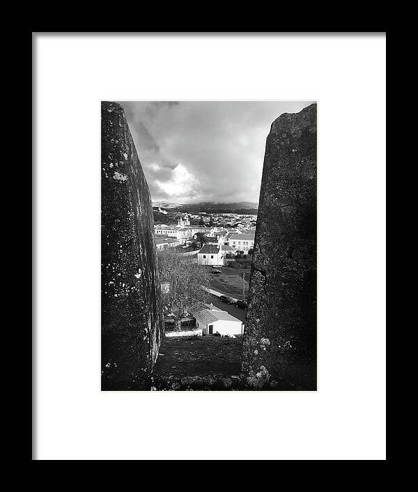 Kelly Hazel Framed Print featuring the photograph Angra do Heroismo from Monte Brasil in Black and White by Kelly Hazel