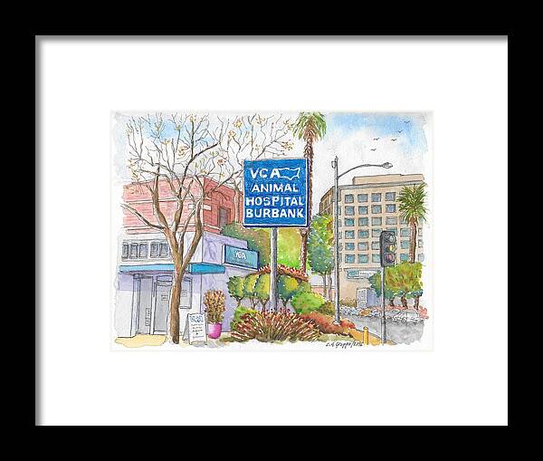 Animal Hospital Framed Print featuring the painting Anibal Hospital Burbank in Olive St., Burbank, California by Carlos G Groppa