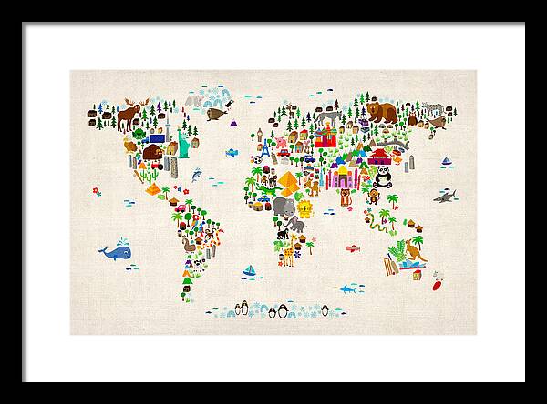 Map Of The World Framed Print featuring the digital art Animal Map of the World for children and kids by Michael Tompsett