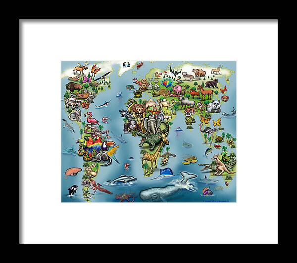 Animals Framed Print featuring the digital art Animals World Map by Kevin Middleton