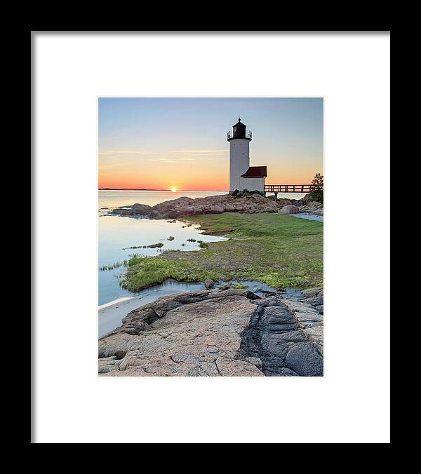 Cape Ann Framed Print featuring the photograph Annisquam Lighthouse Sunset Vertical by Katherine Gendreau