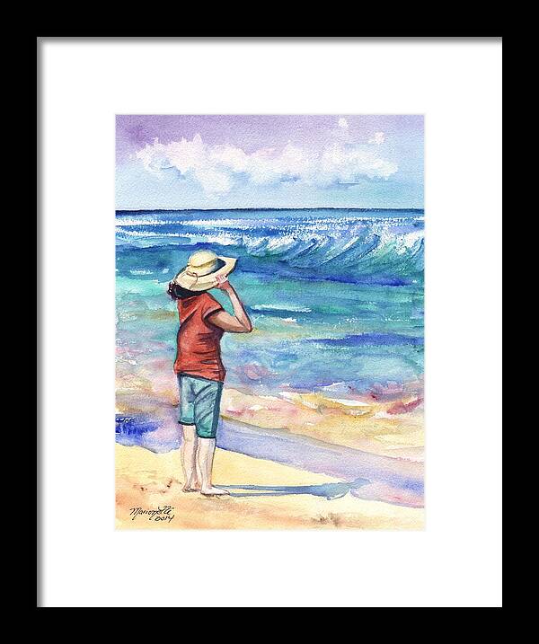 Woman On Beach Framed Print featuring the painting Another Nice Day at the Beach by Marionette Taboniar