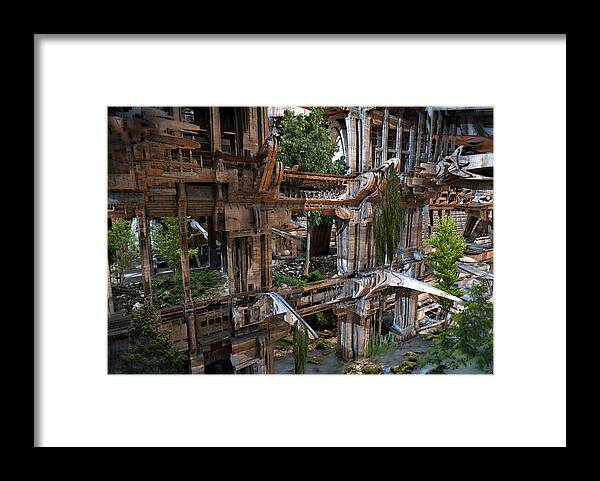 Sciencefiction Scifi Grunge Dystopian Architecture Building Fractal Water Steampunk Fractalart Mandelbulb3d Mandelbulb Framed Print featuring the digital art Another win for Nature by Hal Tenny