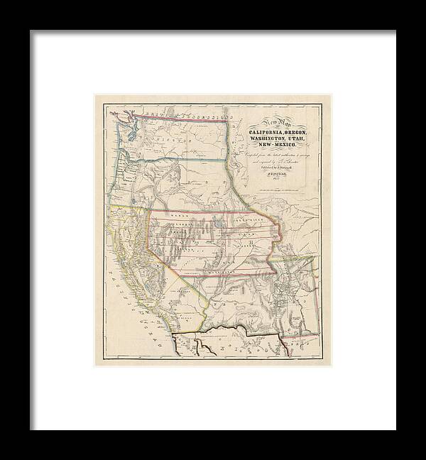 West Framed Print featuring the drawing Antique Map of the Western United States by John Disturnell - 1853 by Blue Monocle