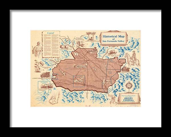 Antique Historical Map Of San Fernando Valley Framed Print featuring the drawing Antique Maps - Old Cartographic maps - Antique Historical Map of San Fernando Valley by Studio Grafiikka