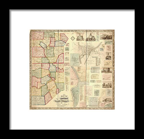 Antique Beaver Counties Map Framed Print featuring the drawing Antique Maps - Old Cartographic maps - Antique Map of Lawrence and Beaver Counties, 1860 by Studio Grafiikka