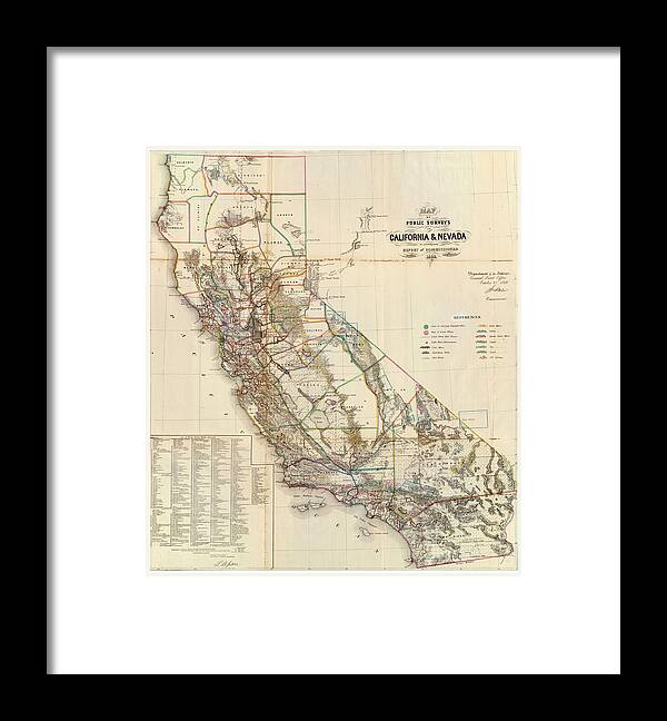 Antique Map Of California And Nevada Framed Print featuring the drawing Antique Maps - Old Cartographic maps - Antique Map of California and Nevada, 1866 by Studio Grafiikka