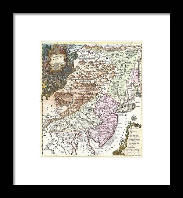 Antique Map Of Pennsylvania Framed Print featuring the drawing Antique Maps - Old Cartographic maps - Antique Map of Pennsylvania, New York and New Jersey, 1756 by Studio Grafiikka