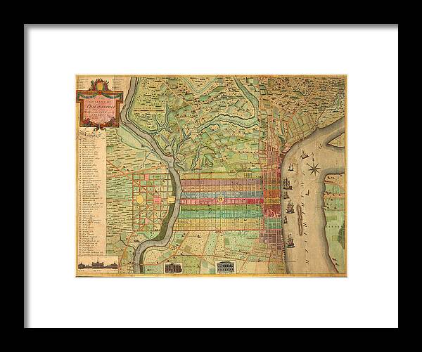 Antique Map Of Philadelphia Framed Print featuring the drawing Antique Maps - Old Cartographic maps - Antique Map of Philadelphia, Pennsylvania, 1802 by Studio Grafiikka