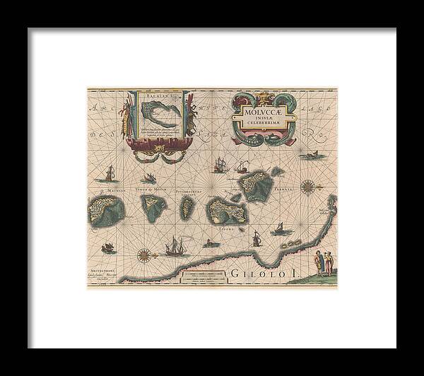 Antique Map Of Maluku Islands Framed Print featuring the drawing Antique Maps - Old Cartographic maps - Antique Map of The Moluccas, Indonesia - Maluku Islands, 1640 by Studio Grafiikka