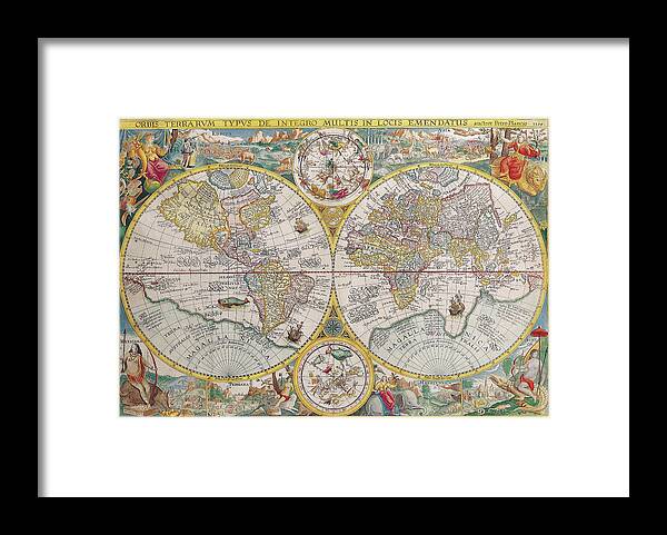 Antique Maps Of The World Framed Print featuring the drawing Antique Maps - Old Cartographic maps - Antique Map of the World, Double Hemisphere Map, 1599 by Studio Grafiikka