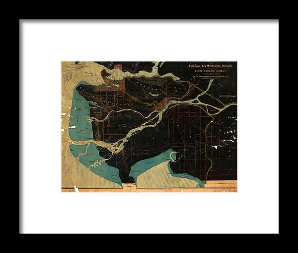 Antique Map Of Vancouver Framed Print featuring the drawing Antique Maps - Old Cartographic maps - Antique Map of Vancouver, New Westminster, Steveston by Studio Grafiikka