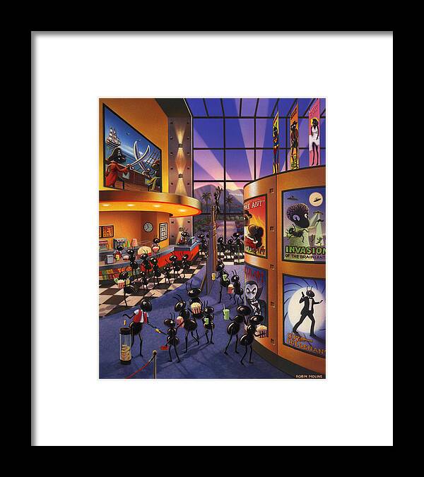 Ants. Ant Farm Characters Framed Print featuring the painting Ants at the Movie Theatre by Robin Moline