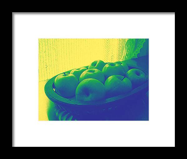 Apple Framed Print featuring the photograph Apples in Yellow Blue and Green by Shawna Rowe