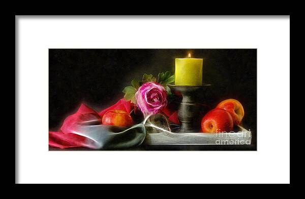 Apples Framed Print featuring the photograph Apples Rose and Candle by Ian Mitchell