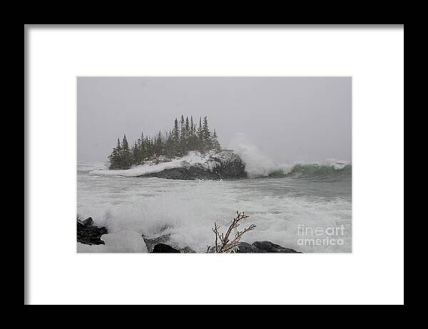 Lake Superior Framed Print featuring the photograph April Snow Storm by Sandra Updyke