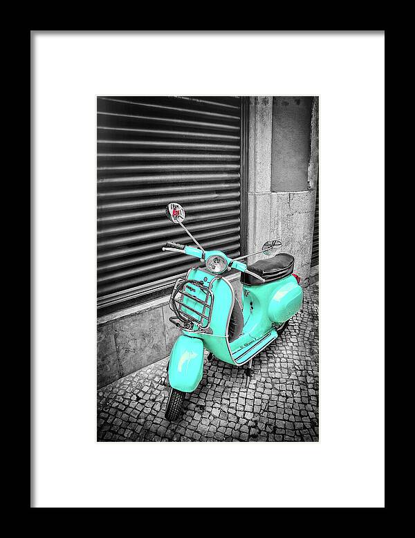 Vespa Framed Print featuring the photograph Aqua Vespa Scooter Lisbon Portugal in Black and White by Carol Japp